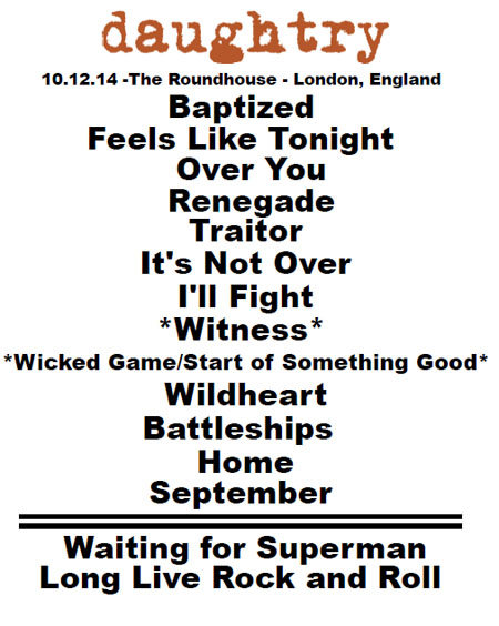 Daughtry setlist - London Roundhouse, 12 October 2014